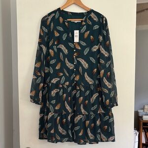 LOFT Teal Feather-Print Tiered Dress with Rust Accents